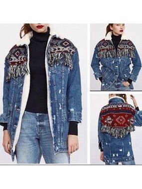 Zara TRF Aztec Fringe Sherpa Denim Jacket Distressed Blue S